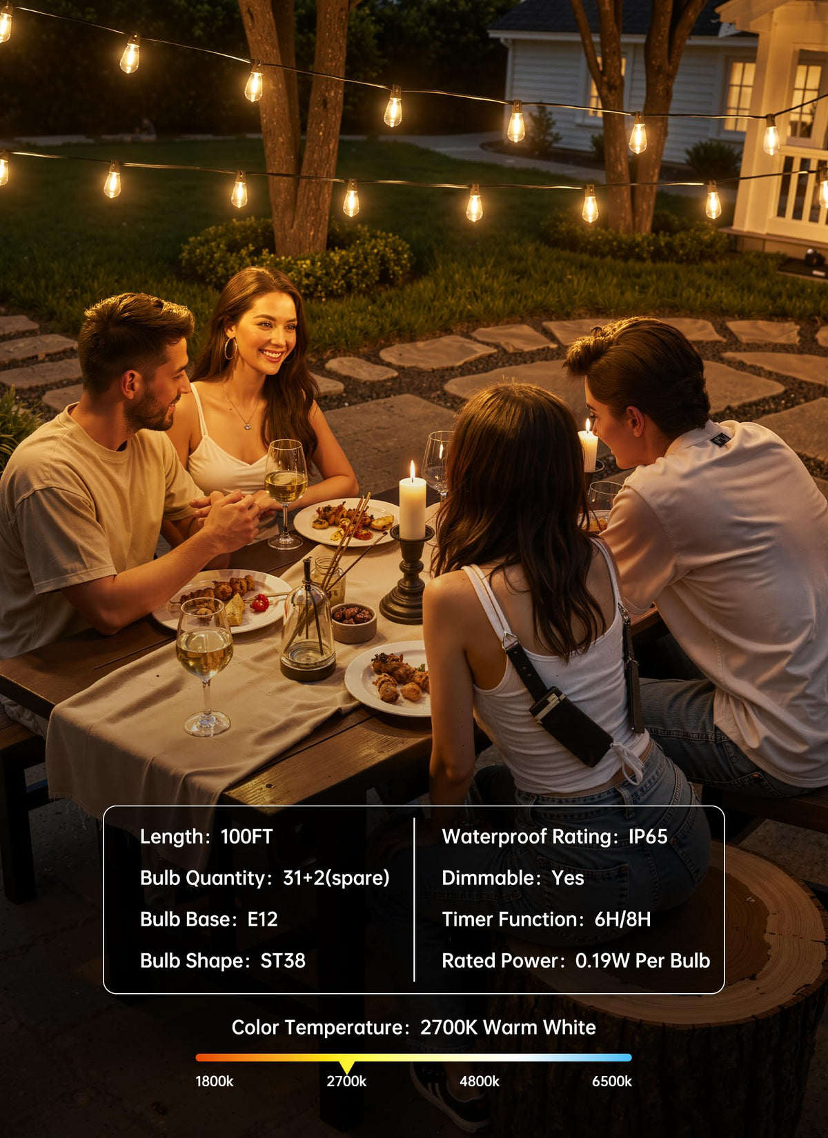 Minetom 100FT Outdoor String Lights with Remote, ST38 Patio Lights Dimmable