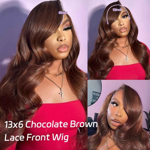 CUMASE 250 Density Body Wave Chocolate Brown Wig, 13x6 Lace Front Wigs Human Hair Pre Plucked, 100% Real Human Hair 4# Brown Wig for Women 16 Inch