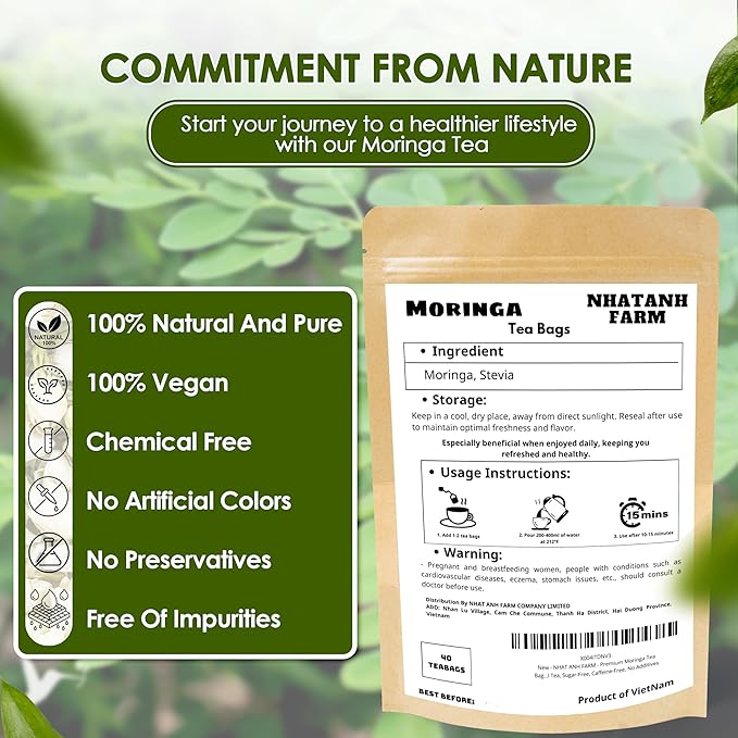 NHAT ANH FARM - Premium Moringa Tea Bags, 40 Tea Bags, 100% Natural Dried Moringa Leaves, Naturally Sweet Herbal Tea, Sugar-Free, Caffeine-Free, No Additives