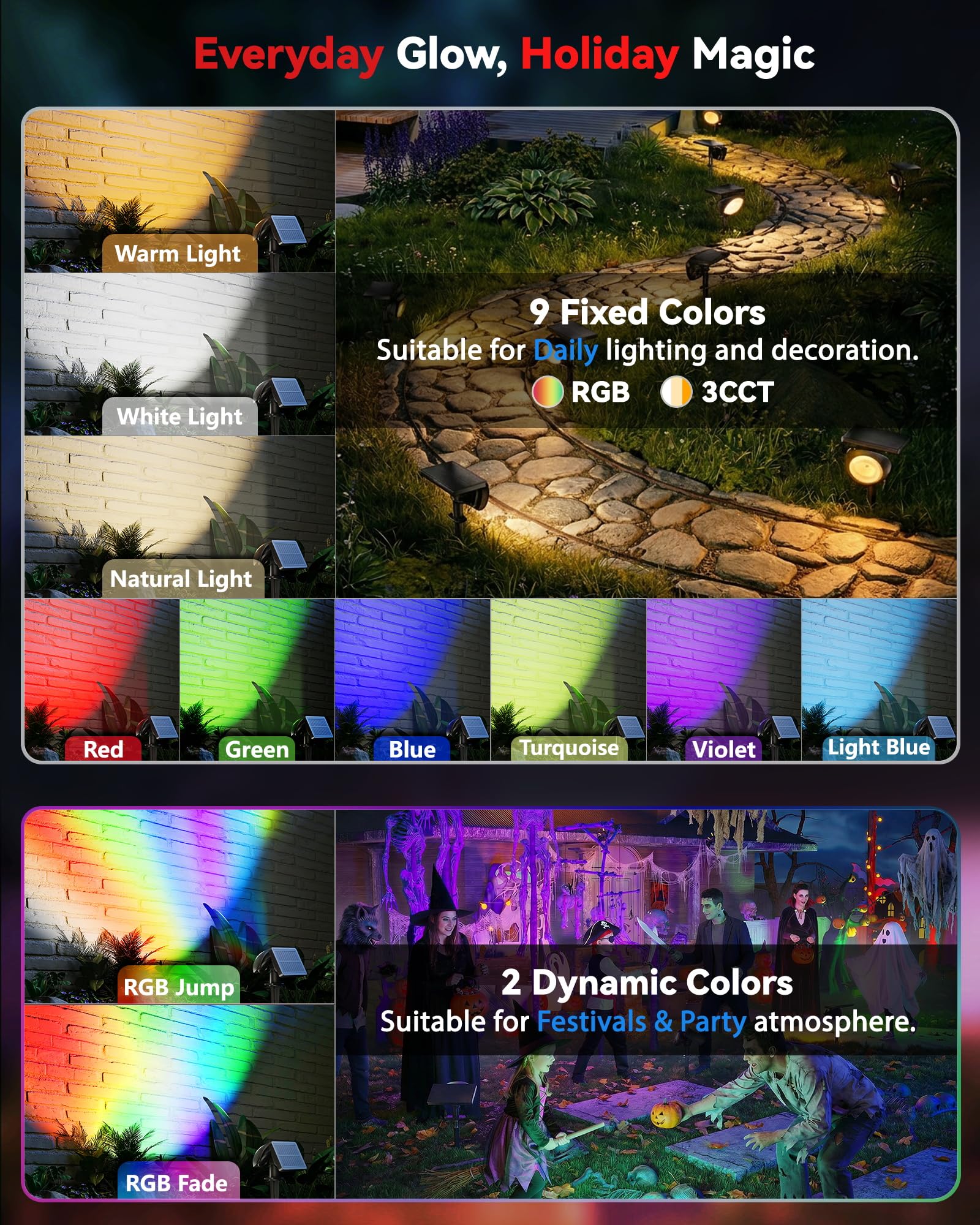 Focusing Solar Spot Lights Outdoor Waterproof, RGB+3CCT Tree Uplights 4Pack