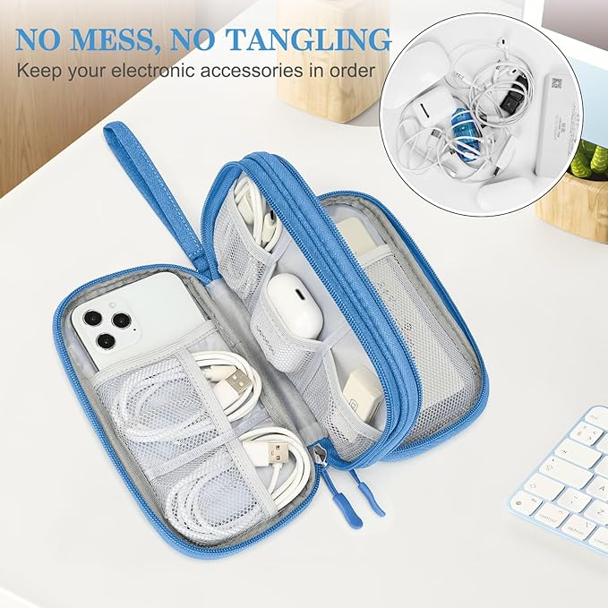 FYY Electronic Organizer, Travel Organizer Bag Pouch, Electronic Accessories Carry Case, Portable Waterproof Double Layers All-in-One Storage Bag for Cable, Cord, Charger, Phone, Earphone, Cyan