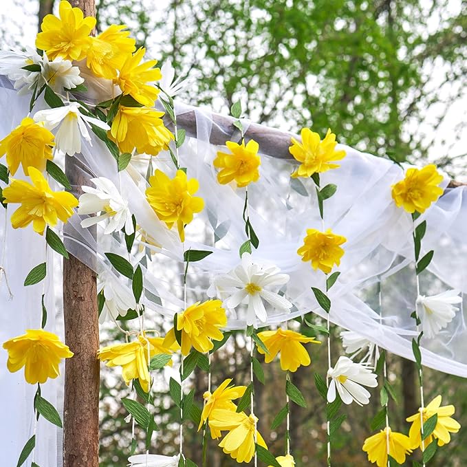 2PCS Yellow Flower Garland, Paper Flower Leaves Banner, Spring Paper Flower Garland for Birthday Baby Shower Wedding Garden Decor