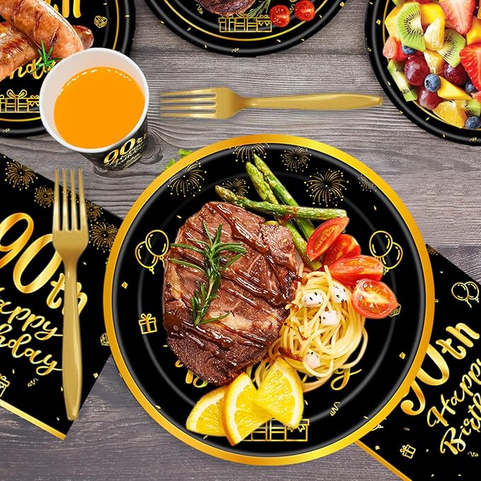 120Pcs 90th Birthday Party Supplies Plates Napkins Cups Forks Tableware Set Gold Black Happy 90th Birthday Themed Disposable Tableware Decoration Serves 24 Guests for Men Women 90 Years Old