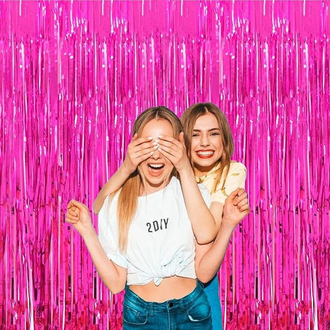 3Pack Pink Foil Fringe Curtain Backdrop - 3.3ft x 8.3ft Metallic Tinsel Photo Booth Decor for Birthday Party Decorations