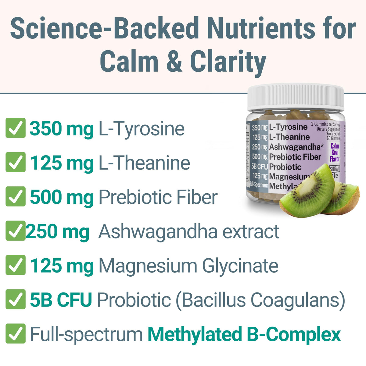 L-Tyrosine L-Theanine Methylated Vitamin B Complex Magnesium Glycinate Probiotic Fiber for Kids Adults Men Women w. Chicory Root Inulin 5-MTHF B12 P5P B6 B9 B5 B3 Powder Capsule Pill Supplement Alt