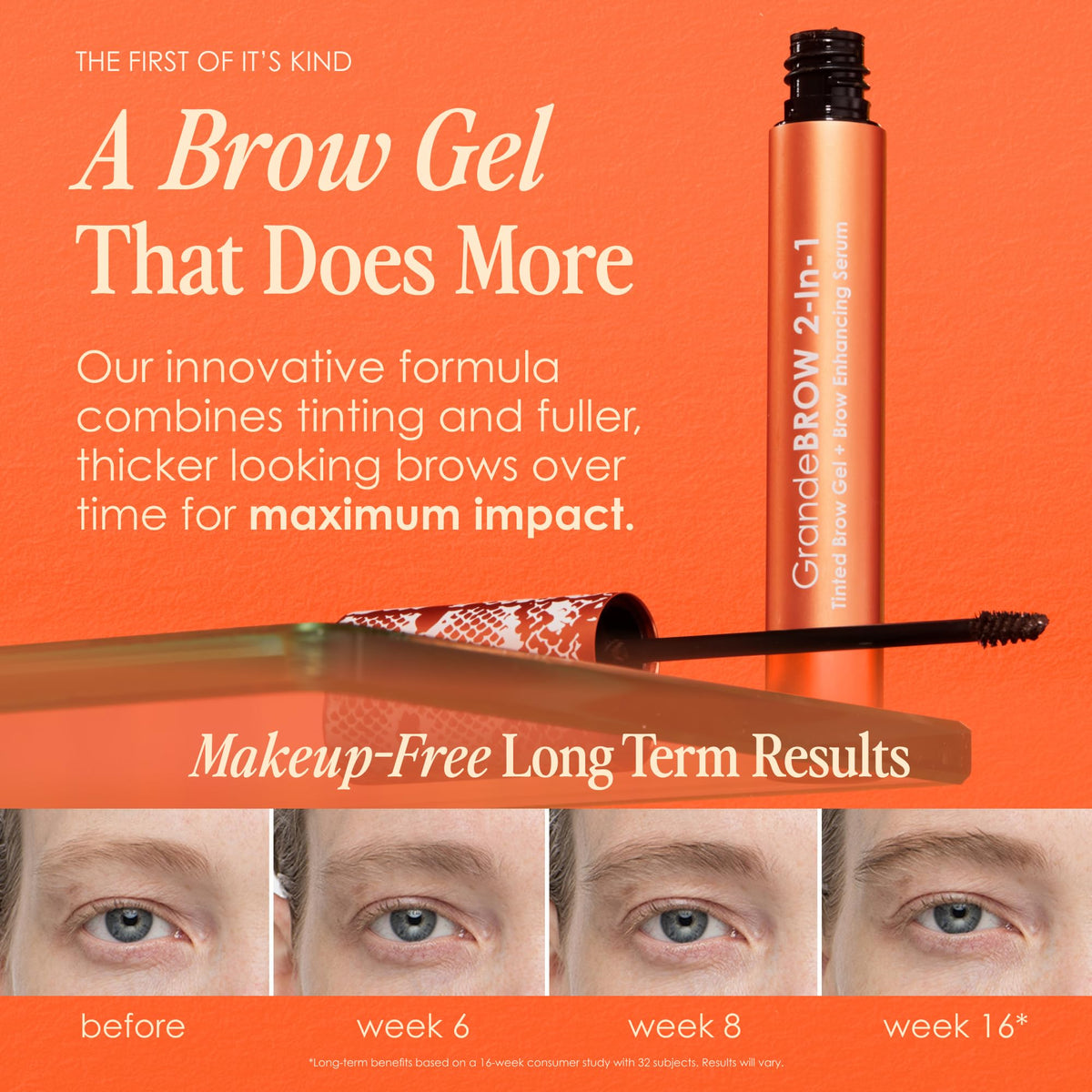 Grande Cosmetics GrandeBROW 2-in-1 Tinted Brow Gel + Brow Enhancing Serum for Thicker & Darker-Looking Eyebrows, Shape & Fill Brows, with Castor Oil & Mini Fibers - Taupe, Full Size (0.12 fl oz)