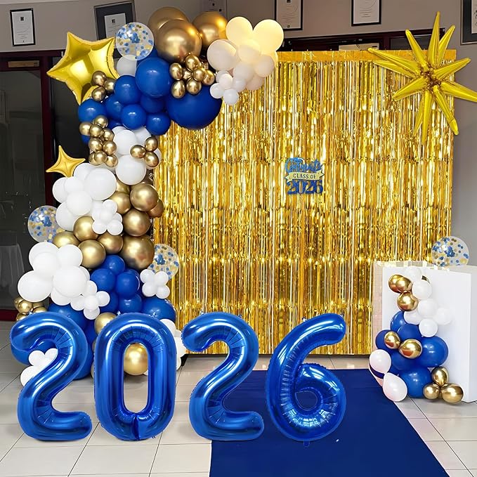 Graduation Balloon Garland Arch Kit for Graduation Decorations Class of 2026 - Blue Gold and White Balloons Different Sizes 5 12 18 Inch Graduations Balloons Arch for Grad Party Supplies