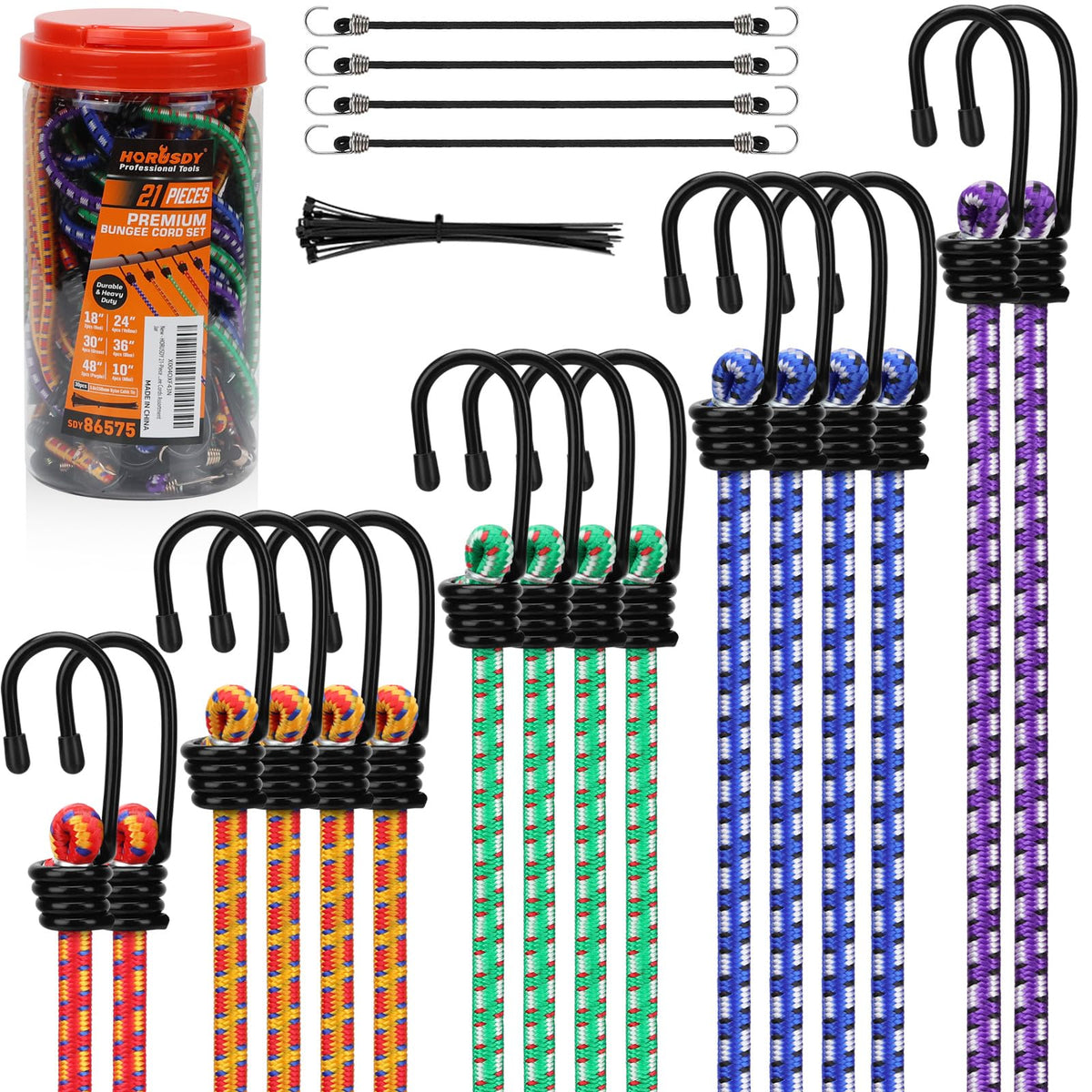 HORUSDY 21 - Piece Bungee Cord Set with Hooks & Straps, 10”/18”/24”/30”/36”/48” Heavy Duty Bungee Cords Assortment for Camping, Truck, Moving, Emergency, Outdoor Storage (30 Nylon Cable Ties Extra)
