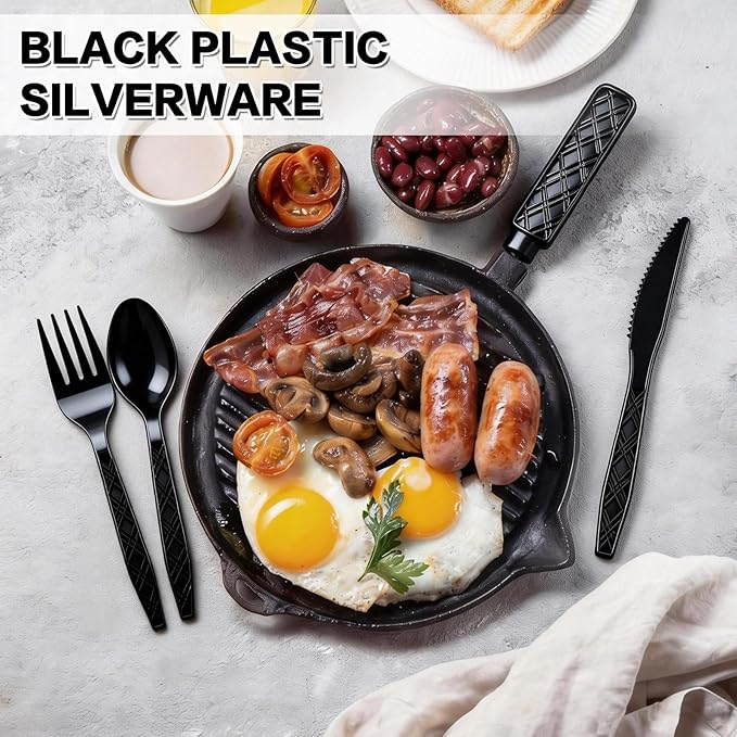 Dualshine 360-Pack Black Plastic Silverware, Disposable Cutlery Set, Plastic Forks and Spoons Knives Utensils Set (120 Each) for Restaurants, Picnics, Catering, Parties, Weddings