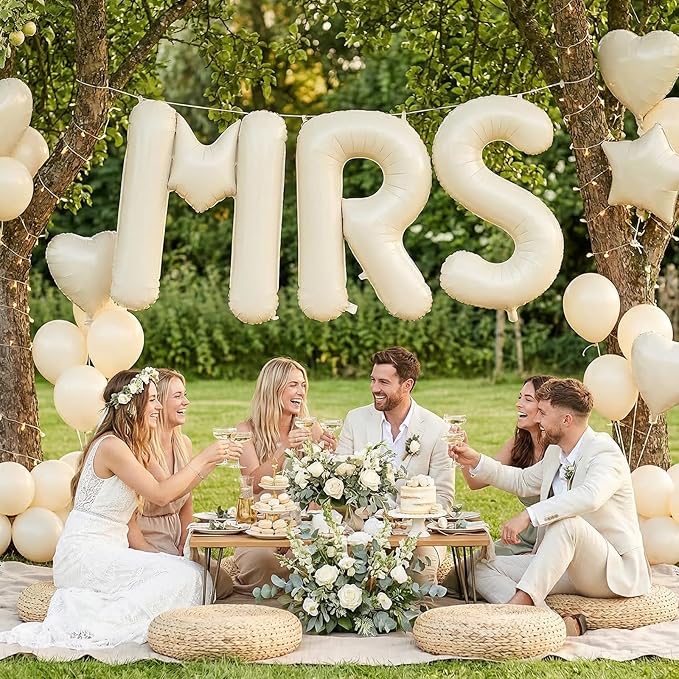 Biapian 40 Inch MRS Letter Balloons, Big Cream MRS Foil Balloons, 3 Pcs Giant Foil Large Aluminum Balloon Helium for Wedding Bride to Be Anniversary Couple Sweetheart Hen Party Decoration (Cream)