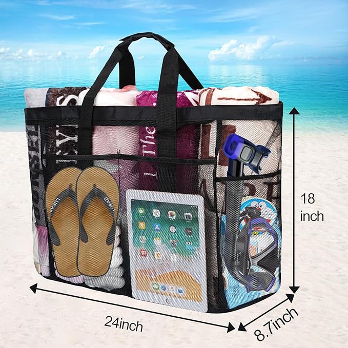 Mesh Beach Bags for Family - Women Beach Tote Bag for Toys, Towels, Travel Vacation Cruise Essentials