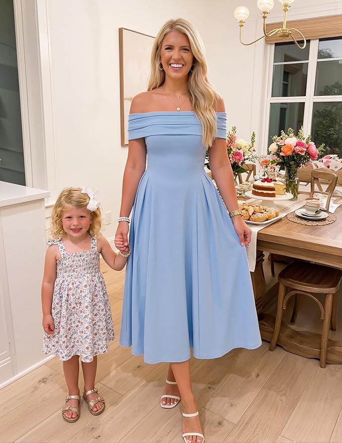 ZESICA Summer 2026 Cocktail Dresses for Women's Off Shoulder Short Sleeve Swing A Line Wedding Evening Party Midi Dress
