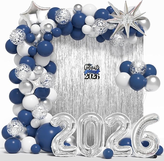 Graduation Balloon Garland Arch Kit for Graduation Decorations Class of 2026 - Navy Blue White and Silver Balloons Different Sizes 5 12 18 Inch Graduation Balloons Arch for Grad Party Supplies