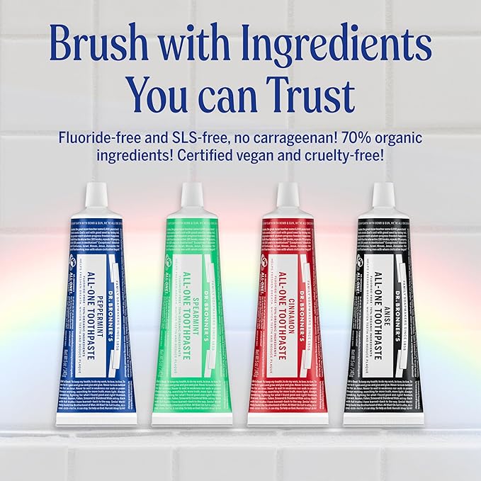 Dr. Bronner’s All-One Toothpaste Pack of 3– Spearmint, 5 oz– Fluoride-Free Toothpaste for Adults, SLS-Free, 70% Organic & Natural Ingredients, Vegan, Helps Freshen Breath & Reduce Plaque