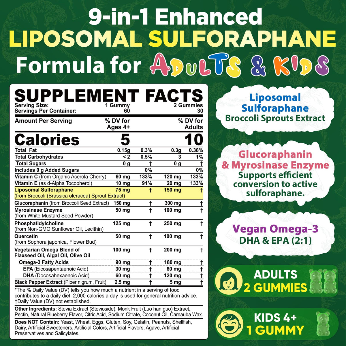 Liposomal Sulforaphane Supplement, Broccoli Gummies, Broccoli Sprouts Extract w/Myrosinase, Omega-3, Vitamin C, E for Kids 4+ & Adults, Supports Cognitive, Brain, Cellular Health, Antioxidant, 120 Cts