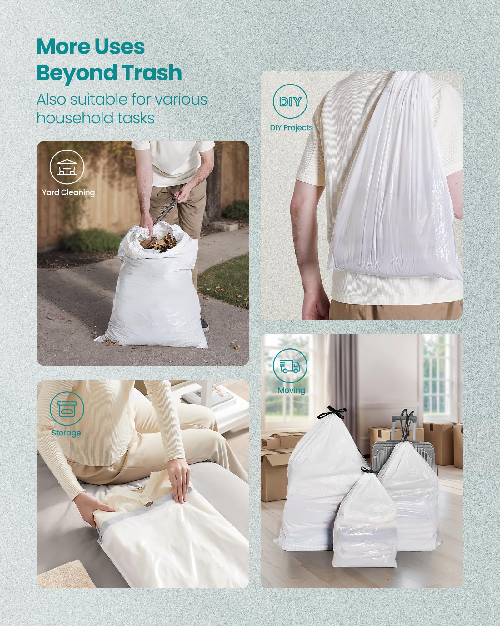 SONGMICS Trash Bags, Drawstring Kitchen Garbage Bags, Pre-Separated, Quick-Dispense Box, for 8-Gallon (30 L) Trash Cans, Liner Code H, 4 Rolls, 160 Count, White UKRB031A04