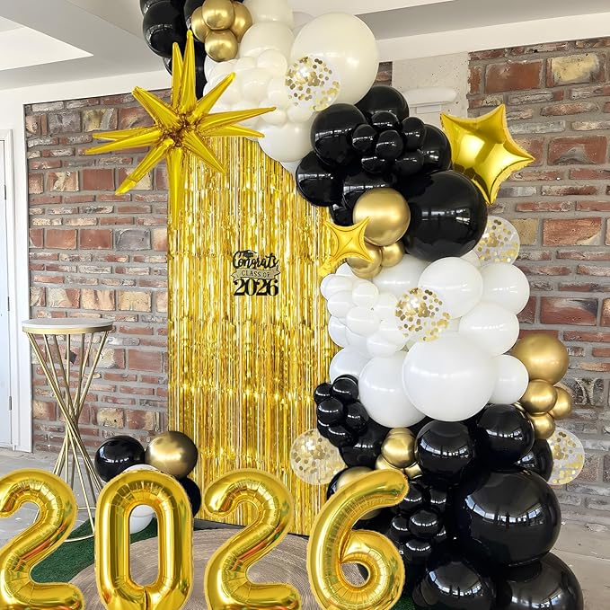 Graduation Balloon Garland Arch Kit for Graduation Decorations Class of 2026 - Black Gold and White Balloons Different Sizes 5 12 18 Inch Graduations Balloons Arch for Grad Party Supplies