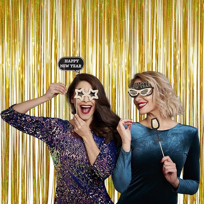 Graduation Decorations 2026 Foil Fringe Curtains - Melsan 3 Pack 3.2 x 8.2 ft Gold Tinsel Curtain Party Photo Backdrop for Birthday Party Happy Retirement Baby Shower or Graduation