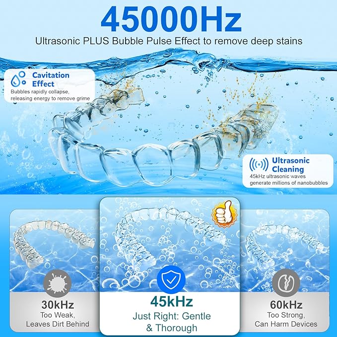 Ultrasonic Retainer Cleaner, 45kHz Retainer Cleaner Machine for Denture Cleaning Pod for Mouth Guards|Aligners|Braces|Toothbrush Heads|Jewelry, 200ML Dental Cleaning Pod with 4 Modes & Digital Timer
