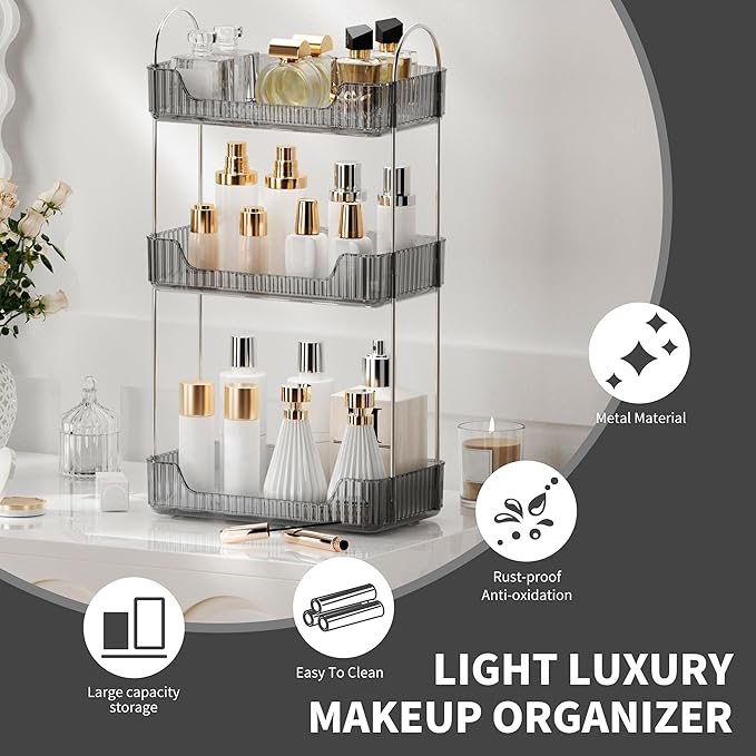 YCIA&DONE Bathroom Organizer Countertop, Makeup Storage, Skincare Cosmetic Tray Shelf, Perfume Holder Rack for Vanity Counter, Large Capacity, Easy to Install, Clean, 3 Tiers, Smoky Gray
