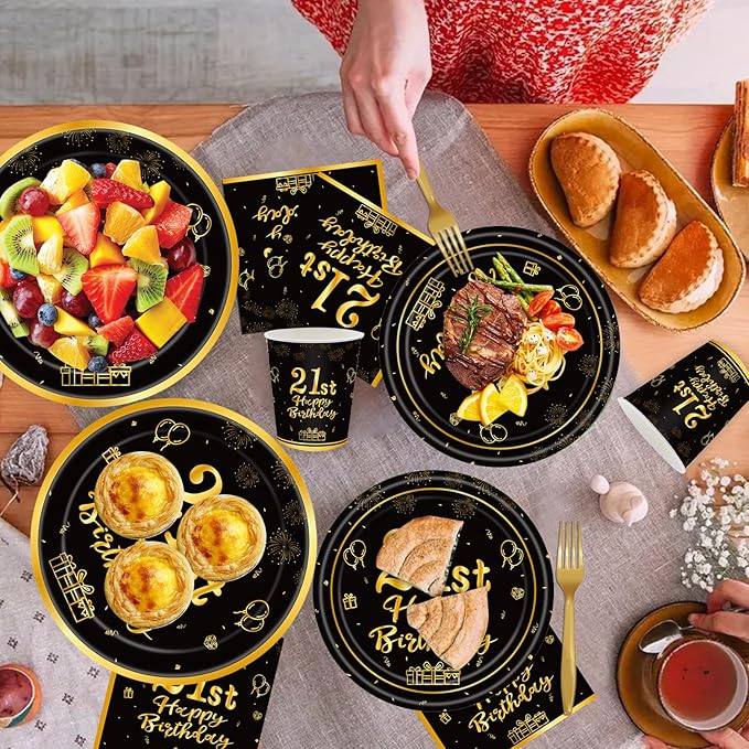 120Pcs 21st Birthday Party Supplies Plates Napkins Cups Forks Tableware Set Gold Black Happy 21st Birthday Themed Disposable Tableware Decoration Serves 24 Guests for Him Men 21 Years Old
