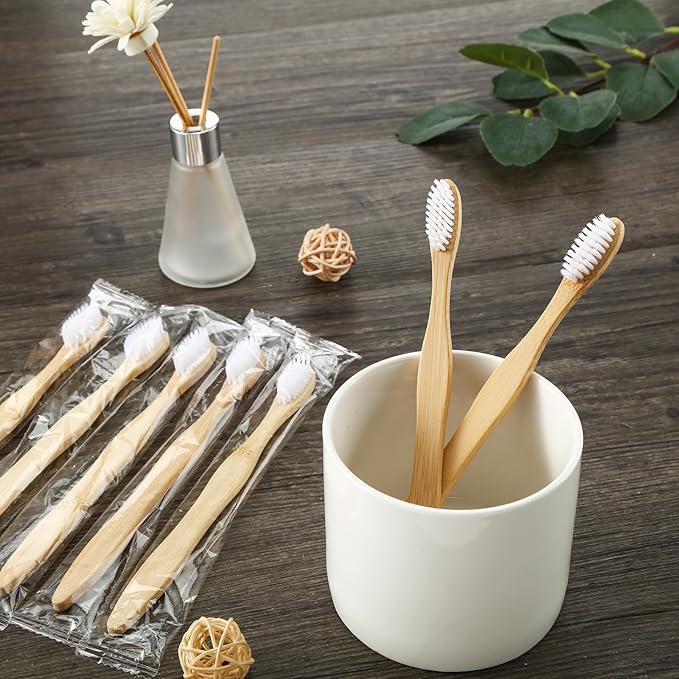 Sliner 100 Packs Prepasted Disposable Toothbrush Bamboo Prepasted Individually Wrapped Pre Pasted Toothbrush with Bamboo Handles Homeless Gift Set for The Homeless (Classic Color)