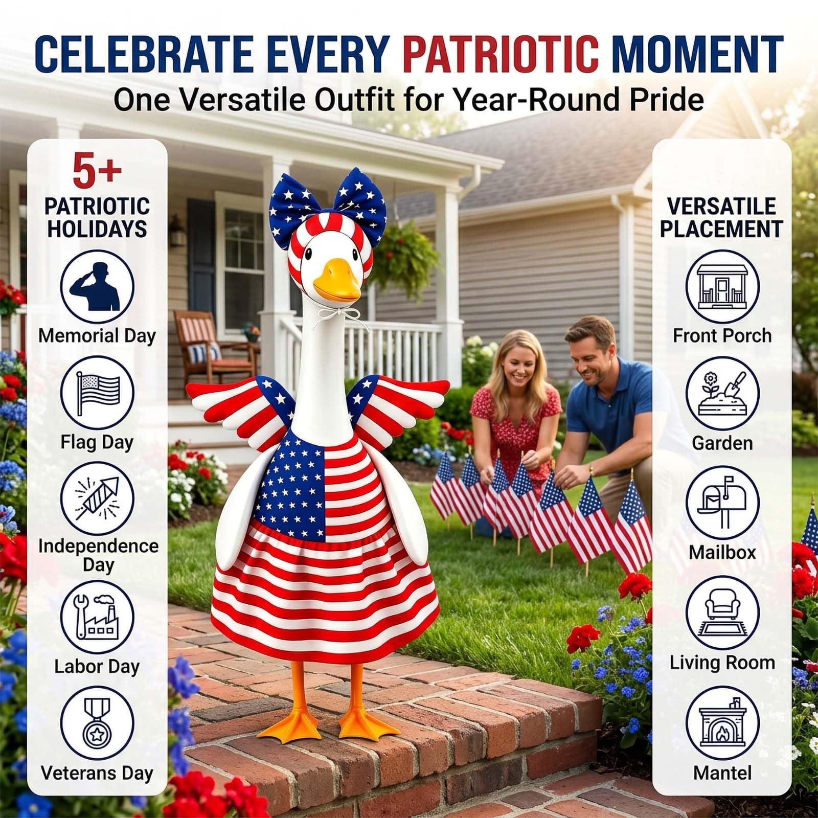 Go Ho 4th of July Porch Goose Outfit Angel Style, American Flag Patriotic Clothes for 23 Inch Porch Goose Statue, Independence Day Costume, 250th Anniversary USA Outdoor Lawn Garden Decoration