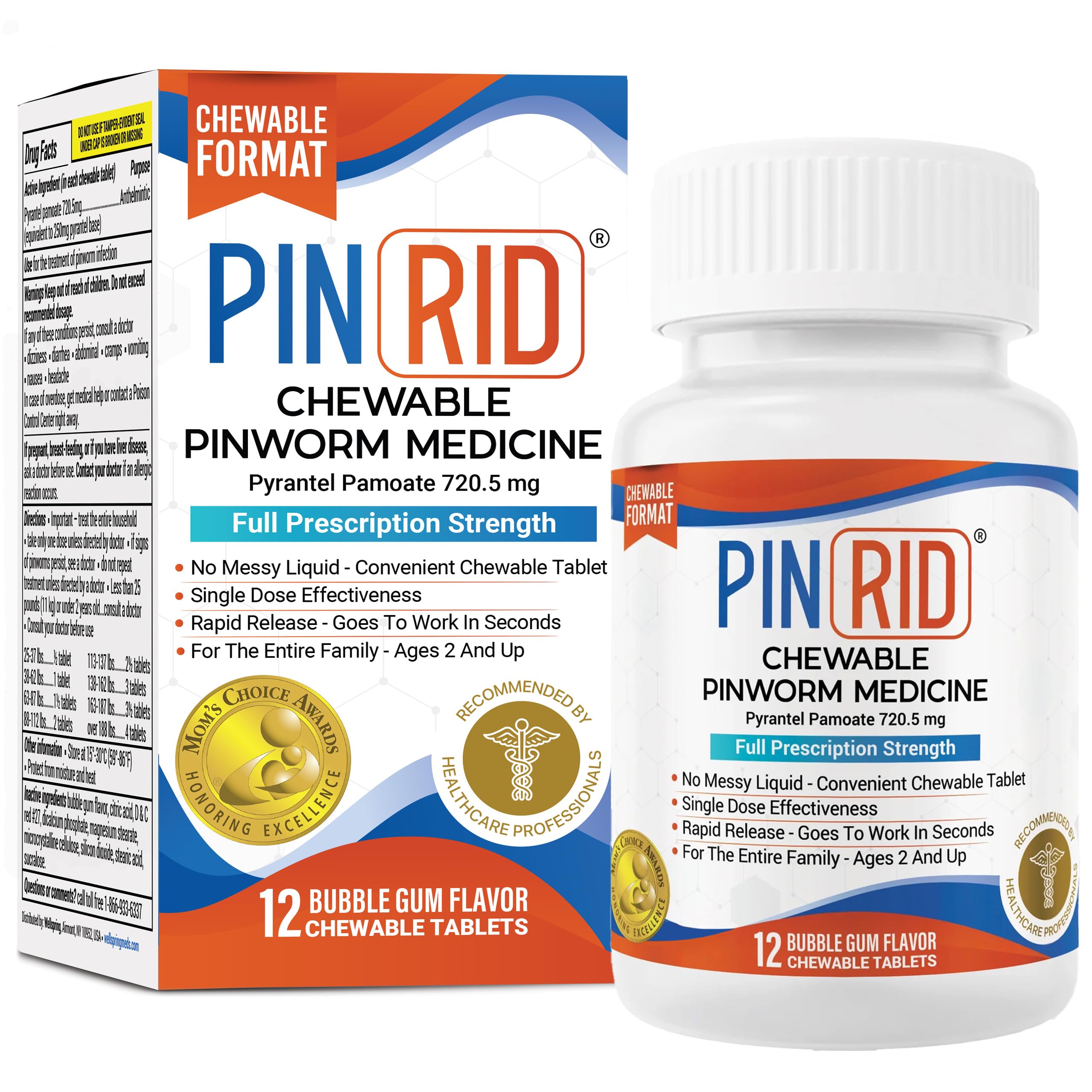 PIN RID - Pinworm Medicine for Family 2+, Bubble Gum Chewable Tablets (12 Doses) - 250mg Pyrantel Pamoate - Single-Dose Parasite Cleanse for Humans - Allergen Free