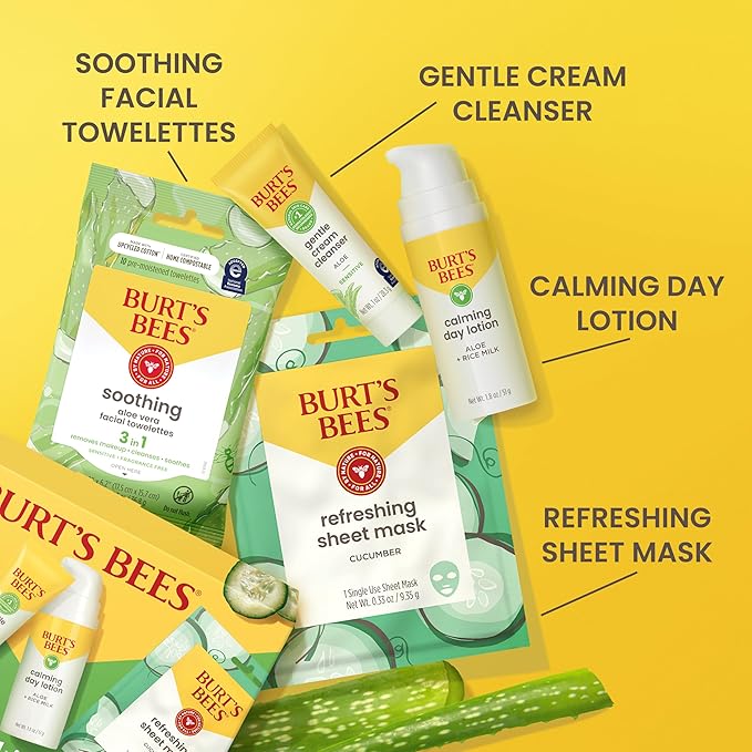Burt's Bees Gentle Skin Care To-Go Set, Includes Cleanser, Towelettes, Lotion and Sheet Mask, Travel Size Facial Skin Care Products for Sensitive Skin, Natural Origin, 1 Gift Set
