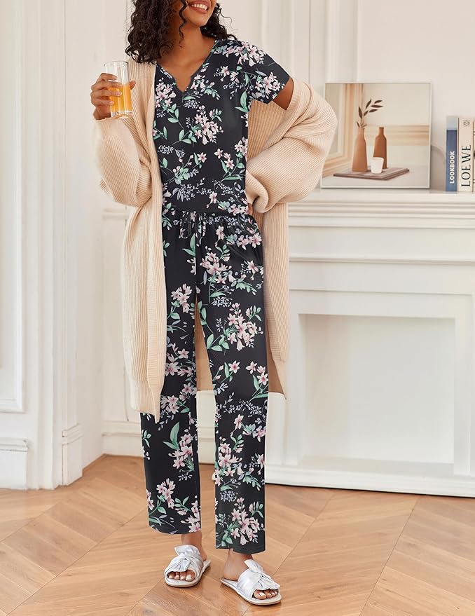 Ekouaer 2 Piece Womens Pajamas V Neck Short Sleeve Top and Long Pants Pjs Print Lounge Set Sleepwear