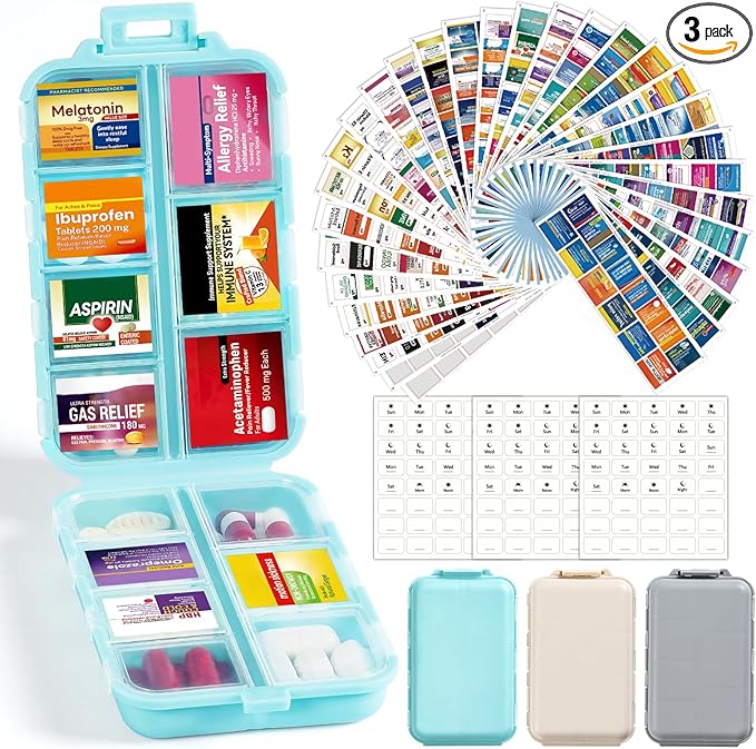 3 Pack 14 Grids Travel Pill Organizer Box with 415-Pcs Medicine Name Labels - Pocket Daily Pharmacy Case Container Kit - Travel Medication Holder Dispenser for Fish Oil Vitamin, Khaki+Grey+Sky Blue