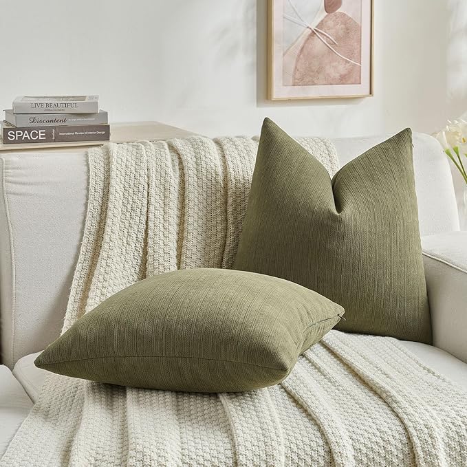FUTEI Olive Green Decorative Throw Pillow Covers 26x26 Inch Set of 2,Soft Cozy Wheat Ear Striped Patterns Euro Pillow Shams,Modern Home Decor for Couch Bed Living Room