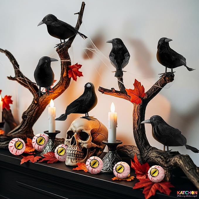 KatchOn, Black Crows with Eyes Halloween Decorations – Pack of 12 | Realistic Feathered Crows for Indoor Outdoor Halloween Decor | Scary Raven Decorations for Haunted House