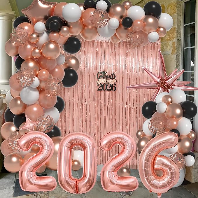 Graduation Balloon Garland Arch Kit for Graduation Decorations Class of 2026 - Rose Gold Black and White Balloons Different Sizes 5 12 18 Inch GraduationBalloons Arch for Grad Party Supplies