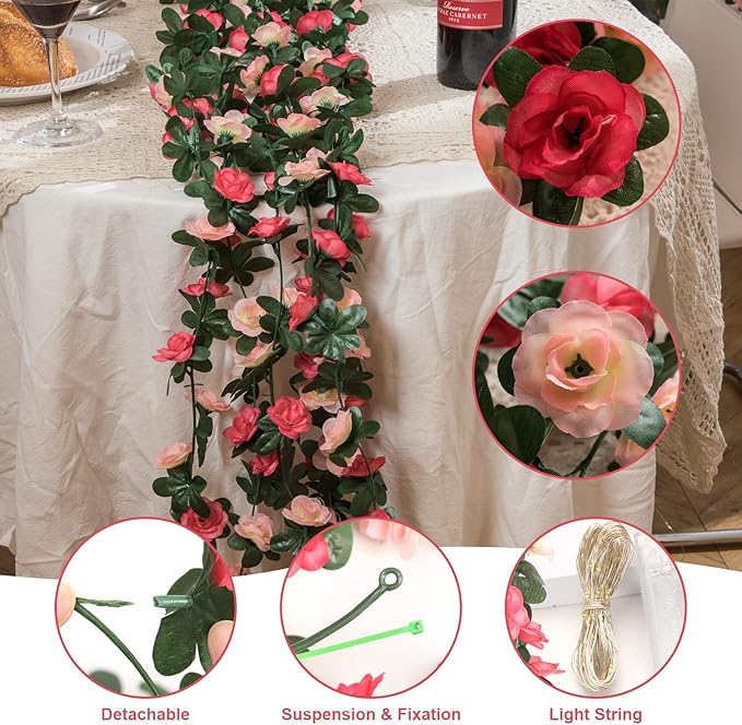 MARTINE MALL Flower Garland Vines, 5 Strands 41Ft With 33 Ft/100 LED String Lights - Rose Decoration for Bedroom, Room, Table, Wedding Decor
