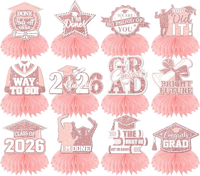 12pcs Graduation Table Decorations 2026,Pink Rose Gold Graduation Decorations Graduation Centerpieces for Tables Class of 2026 Centerpieces Honeycomb for 2026 Congrats Grad Table Decor (Pink)