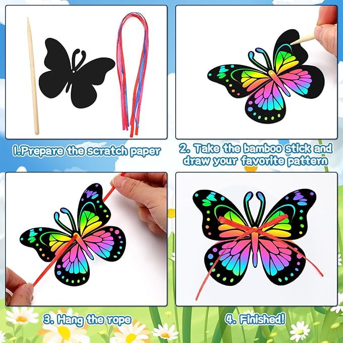 JULMELON 36 PCS Butterfly Scratch Cards, Rainbow Scratch Paper with 12 Bamboo Stylus Scratch Art for Kids Butterfly Party Favors Kids Crafts Bulk for Classroom Games DIY Handmade Family Party Gifts