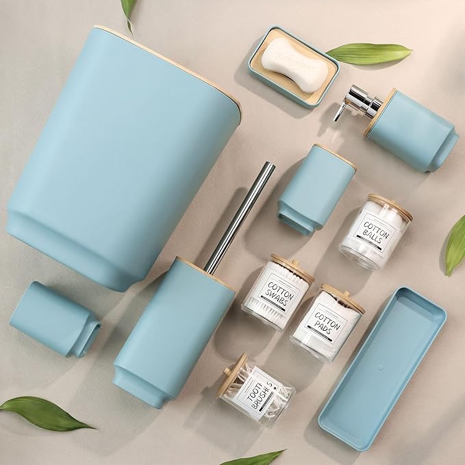 IMAVO Bathroom Accessories Set,Blue Bathroom Set,11 Pieces Bathroom Accessory Set,Trash Can for Bathroom Accessories Décor and Housewarming Gifts
