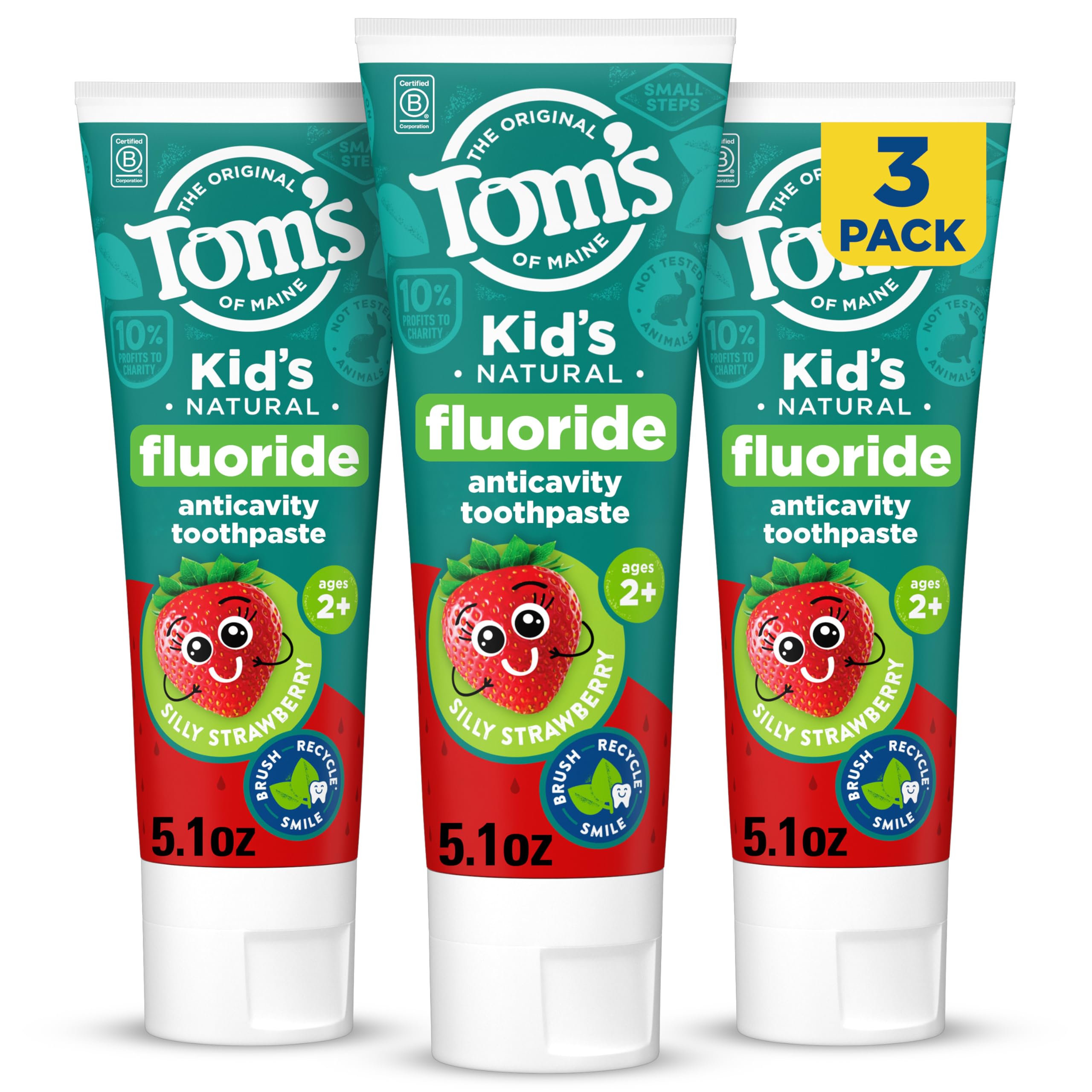 Tom’s of Maine Natural Kids Fluoride Toothpaste, 3 Pack, For Kids Ages 2 and Up, Great Toddler Toothpastes, No Artificial Flavors, Dyes, or Preservatives, Silly Strawberry, 5.1 oz