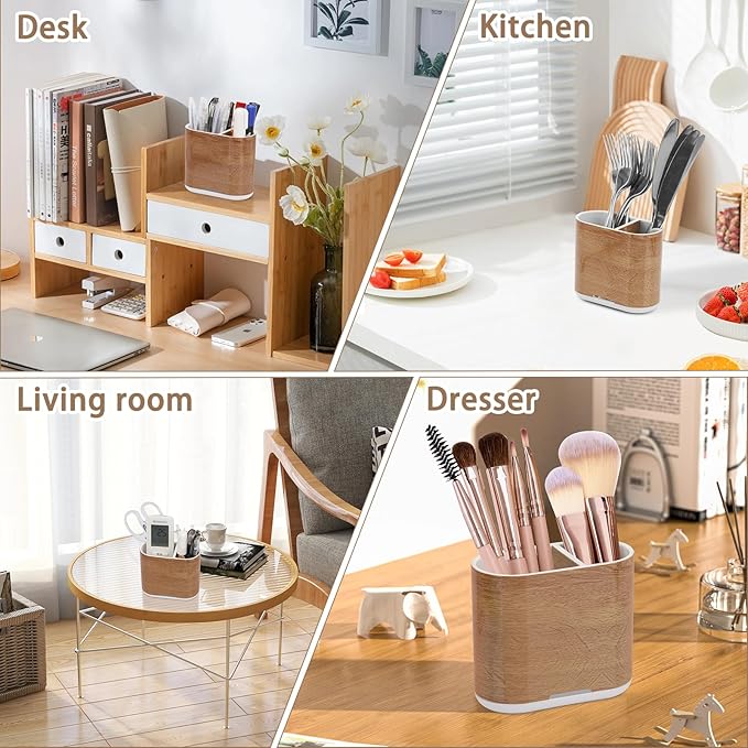 Toothbrush and Toothpaste Holder with Divider for Bathroom Countertop Organizer, 2 Slots Electric Toothbrush Holders Storage Caddy Drainage for Family, Kids(Wood Grain)