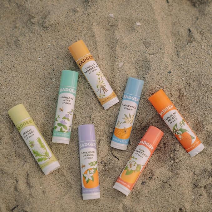 Badger Highland Mint Classic Lip Balm, 100% Organic Balm Long Lasting Lip Moisturizer w/Light Silky Texture, Refreshing, Invigorating & Soothing Mint Lip Balm, 4 Pack