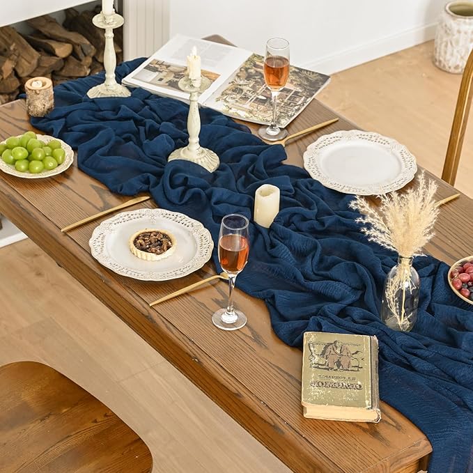 Artoid Mode Boho Cheesecloth Gauze Navy Blue Wedding Table Runner, 120 Inch Seasonal Fabric Kitchen Dining Holiday Table Decor for Home Party Indoor