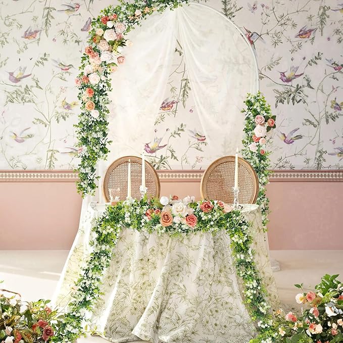 6FT Eucalyptus Garland with Flowers, 2 Pack Artificial Greenery Garland Hanging Spring Eucalyptus Garland Suitable for Table Wedding Backdrop Arch Wall Party UV Protected Indoor Outdoor Decor