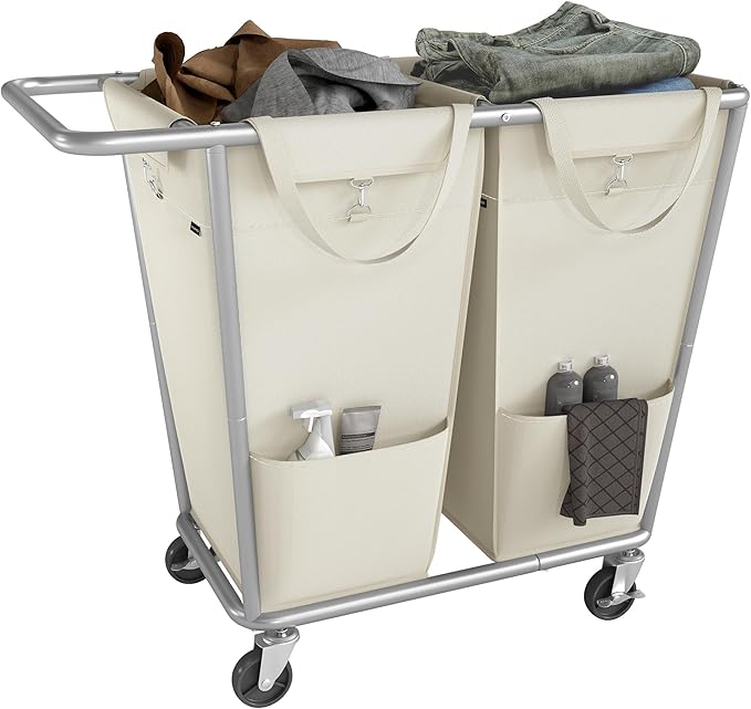 SONGMICS Laundry Basket with Wheels, 2-Section Laundry Sorter, 50.2 Gallons (190 L) Rolling Hamper with Removable Bags, Heavy-Duty Steel Frame, Cream White URLS009W01