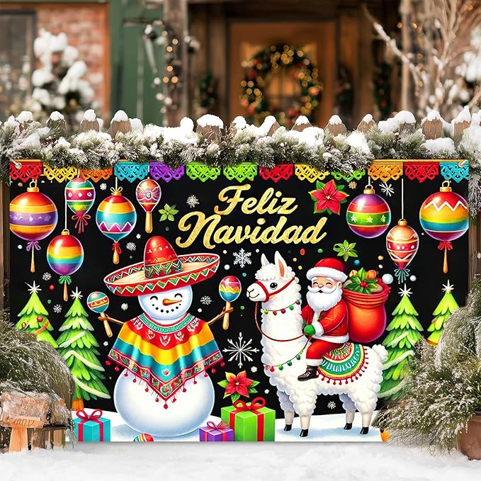 Merry Christmas Banner Winter Feliz Navidad Banner Mexican Christmas Backdrop Snowman Santa Llama Maracas Tree Ornament Scene 71x43 inch for Holiday Party Wall Decor