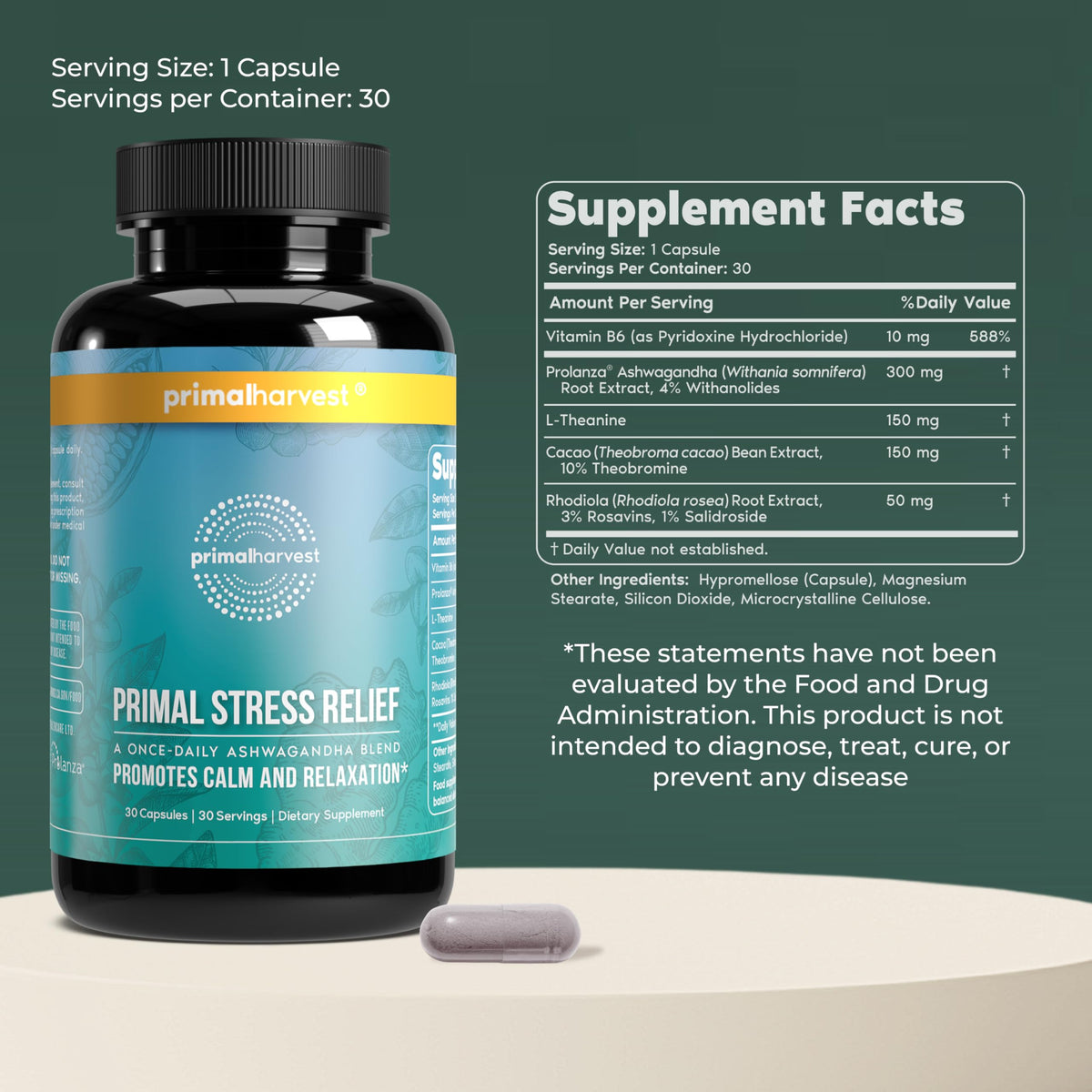 Primal Harvest Stress Relief Supplement for Women and Men Pure Ashwagandha Root Extract, L-Theanine Supplements, 60 Capsules