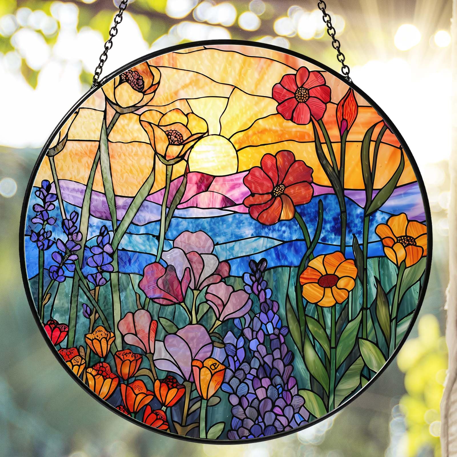 RVEAFA Wildflowers Stained Glass Suncatcher for Window, 7.8in Hanging Decor