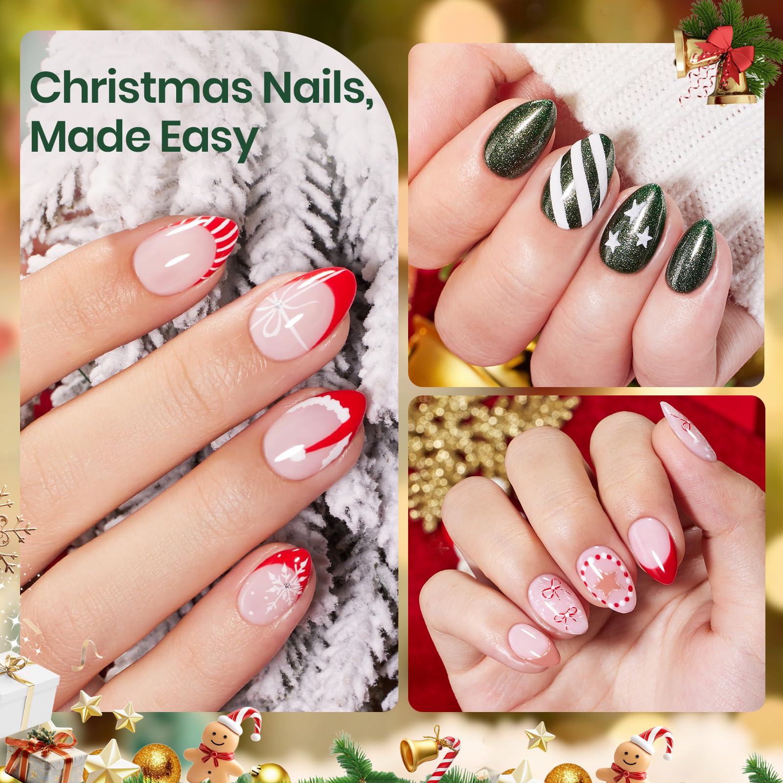 Beetles Gel Nail Kit Flat-X, Almond Short, 320pcs 16 Sizes, with 15g Hands-free Solid Nail Glue Gel, Mini Lamp, Christmas Limited Set, Pre-Etched Half Matte Nail Extension Set for Home DIY