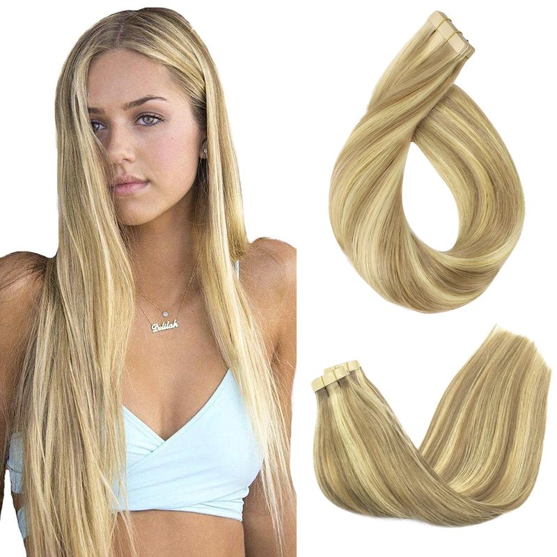 GOO GOO Tape in Human Hair Extensions Remy Invisible No Shedding Waterproof Tape Soft Silky Reusable for Daily Wear, 16/22 Light Blonde Highlighted Golden Blonde, 18inch 50g 20pcs