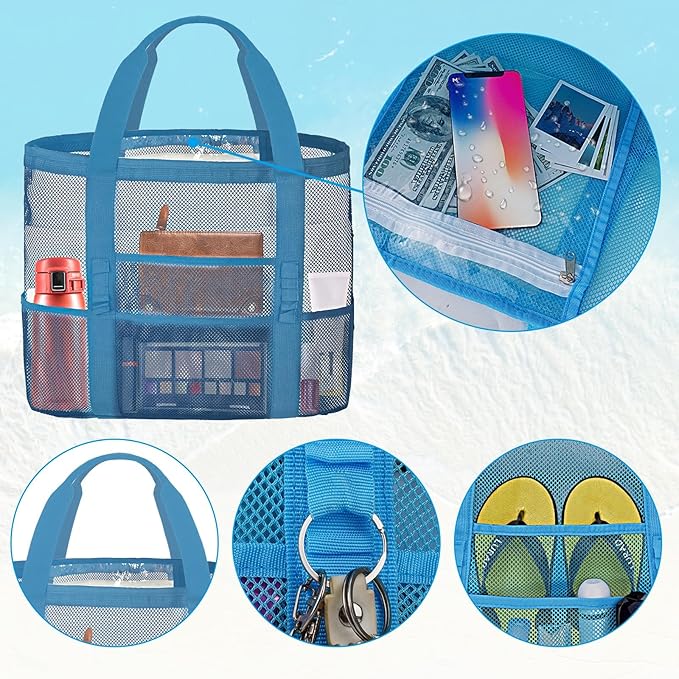 Mesh Beach Bags for Family - Women Beach Tote Bag for Toys, Towels, Travel Vacation Cruise Essentials